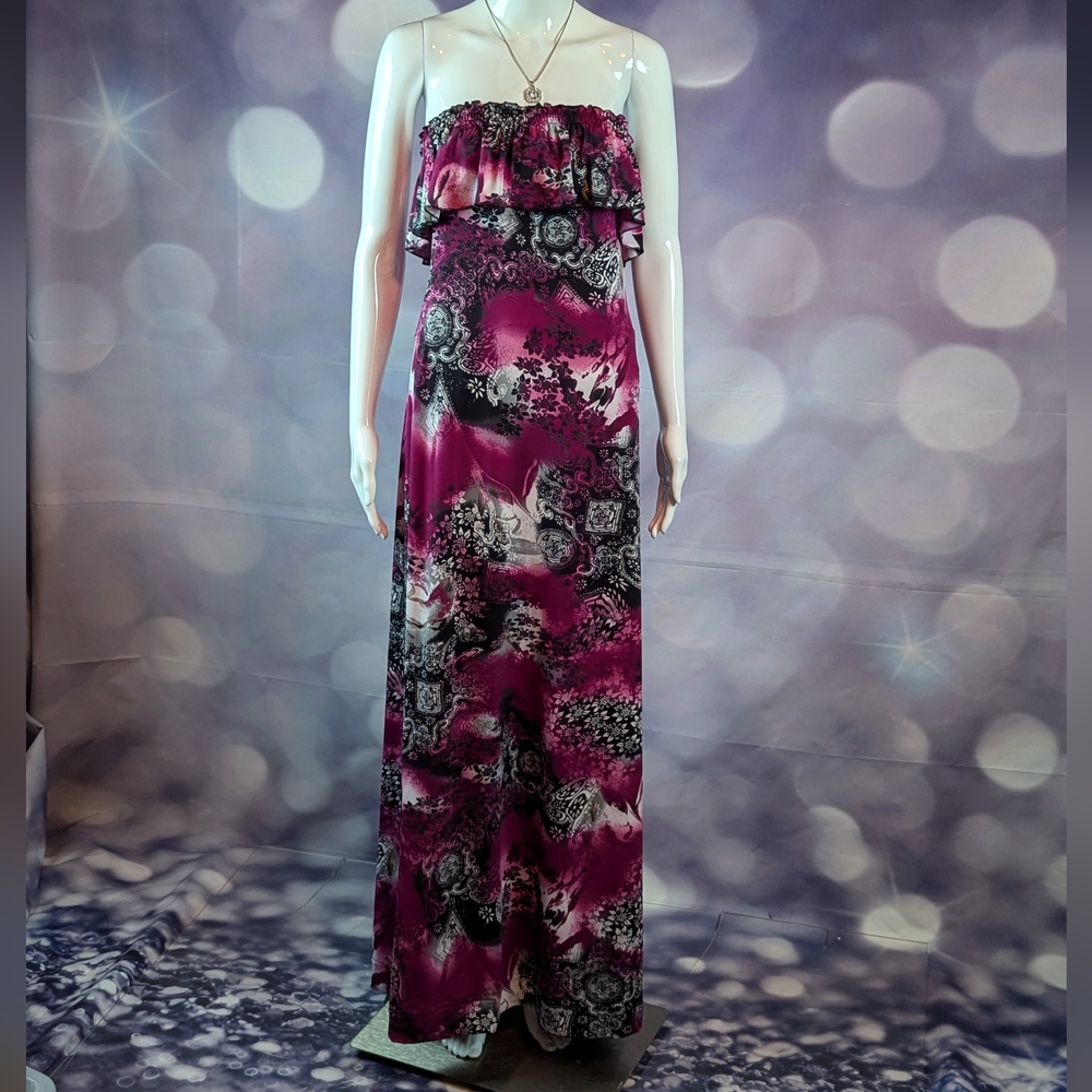 Susie Rose sz M Floral Print Ruffle Trim Long Floor Length Maxi Dress